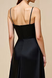Satin Black A Line Spaghetti Straps Prom Dress