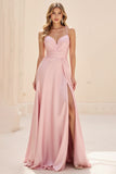 Satin Sheath Pink Spaghetti Straps Prom Dress with Slit