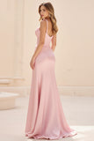 Satin Sheath Pink Spaghetti Straps Prom Dress with Slit