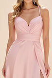 Satin Sheath Pink Spaghetti Straps Prom Dress with Slit