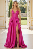Fuchsia Satin A Line Spaghetti Straps Prom Dress with Slit