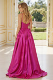 Fuchsia Satin A Line Spaghetti Straps Prom Dress with Slit