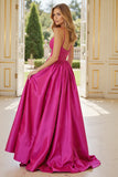 Fuchsia Satin A Line Spaghetti Straps Prom Dress with Slit