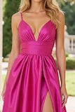 Fuchsia Satin A Line Spaghetti Straps Prom Dress with Slit