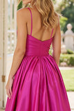 Fuchsia Satin A Line Spaghetti Straps Prom Dress with Slit
