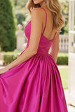 Fuchsia Satin A Line Spaghetti Straps Prom Dress with Slit