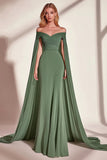 Eucalyptus Satin Sheath Off the Shoulder Draped Cape Sleeve Prom Dress