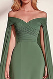 Eucalyptus Satin Sheath Off the Shoulder Draped Cape Sleeve Prom Dress