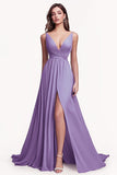 Chiffon A Line V Neck Lilac Prom Dress with Slit