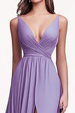 Chiffon A Line V Neck Lilac Prom Dress with Slit