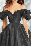 Black Glitter Fabric A Line Off the Shoulder Prom Dress