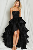 Black Organza High-Low Tiered Ruffled Strapless Prom Dress