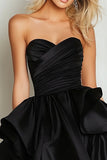Black Organza High-Low Tiered Ruffled Strapless Prom Dress