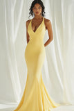 Daffodil Satin Mermaid Halter Long Prom Dress