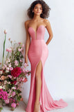 Watermelon Satin Mermaid Strapless Sequins Prom Dress with Slit