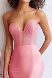 Watermelon Satin Mermaid Strapless Sequins Prom Dress with Slit