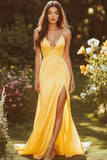 Yellow Satin Spaghetti Straps Sheath Prom Dress with Slit