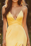 Yellow Satin Spaghetti Straps Sheath Prom Dress with Slit