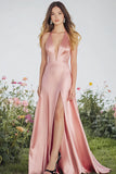 Halter Pink Sheath Satin Prom Dress with Slit