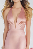 Halter Pink Sheath Satin Prom Dress with Slit