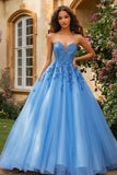 Sparkly Tulle Lace Blue Appliques A Line Strapless Prom Dress