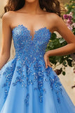 Sparkly Tulle Lace Blue Appliques A Line Strapless Prom Dress