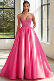Strapless Beaded Satin Fuchsia A Line Prom Dress
