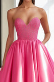 Strapless Beaded Satin Fuchsia A Line Prom Dress