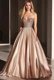 Champagne Strapless Beaded Satin A Line Prom Dress