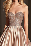 Champagne Strapless Beaded Satin A Line Prom Dress