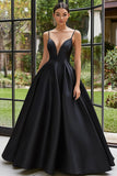 Spaghetti Straps Satin Black A Line Prom Dress