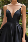 Spaghetti Straps Satin Black A Line Prom Dress