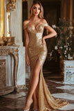 Sparkly Gold Sequins Mermaid Off the Shoulder Prom Dress with Slit
