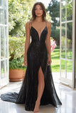 Sparkly Black Sequins Mermaid Spaghetti Straps Prom Dress with Slit
