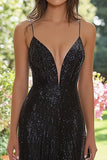 Sparkly Black Sequins Mermaid Spaghetti Straps Prom Dress with Slit