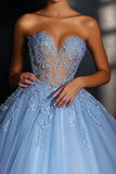 Tulle Lace A Line Blue Strapless Prom Dress