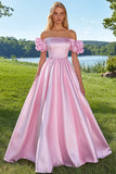 Off the Shoulder Pink A Line Satin Prom Dress