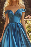 Off the Shoulder Blue A Line Satin Prom Dress