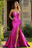 Fuchsia Satin Strapless Mermaid Prom Dress with Slit