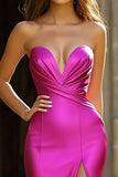 Fuchsia Satin Strapless Mermaid Prom Dress with Slit