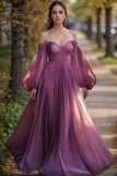 Plum Chiffon Off the Shoulder 3/4 Sleeves Pleated Prom Dress