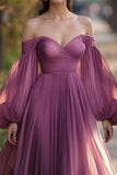 Plum Chiffon Off the Shoulder 3/4 Sleeves Pleated Prom Dress