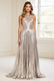 Metallic Halter Silver A Line Prom Dress