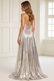 Metallic Halter Silver A Line Prom Dress