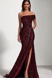 Sparkly Mermaid Burgundy One Shoulder Prom Dress