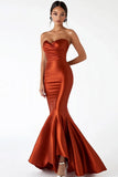 Rust Mermaid Strapless Satin Prom Dress