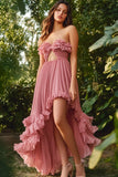 Strapless Dusty Rose A Line High-Low Prom Dress