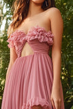Strapless Dusty Rose A Line High-Low Prom Dress