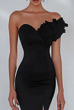 One Shoulder Mermaid Black Tie Dress With Slit
