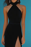 Halter Mermaid Black Tie Dress With Slit